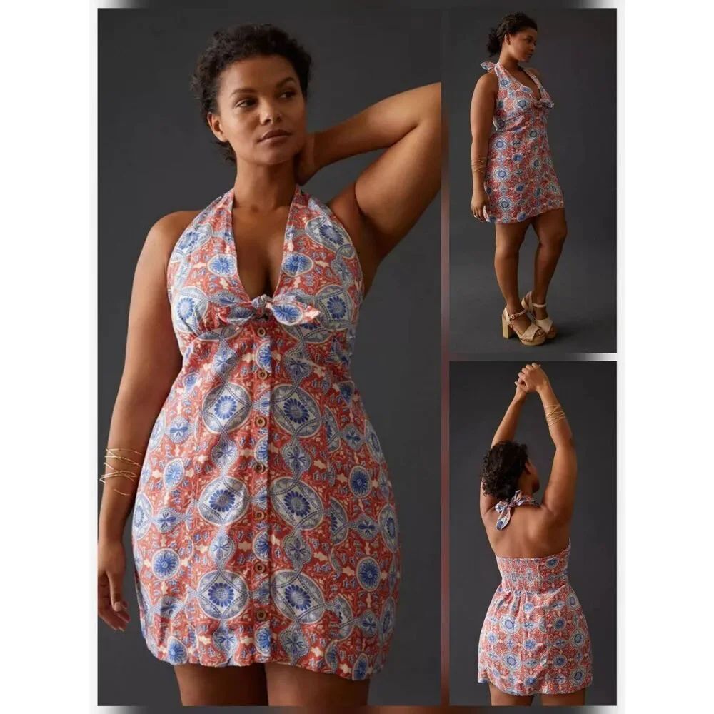 Maeve Mediterranean Print Slim Halter Mini Dress Sz. 2X